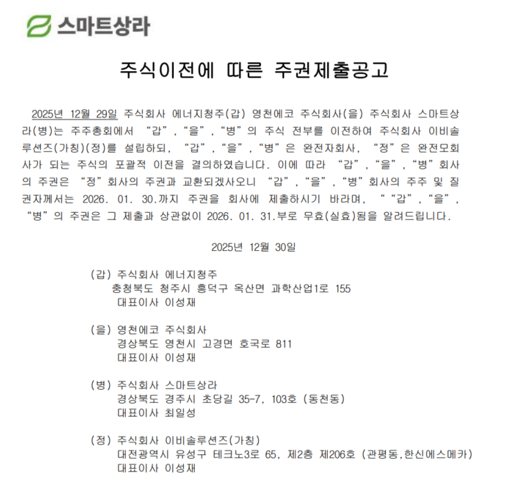 스마트상라 주권이전에 따른 주권제출공고